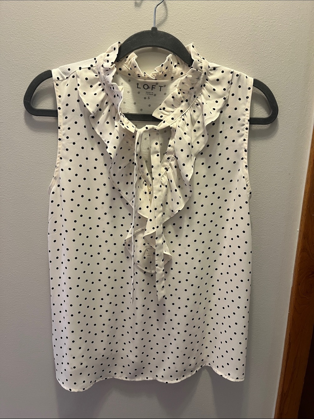 LOFT Black Dot Ruffle Tie-Neck Sleeveless Top